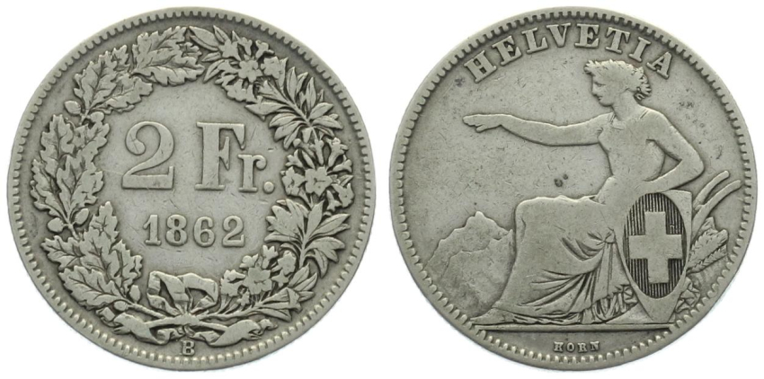 2 Franken 1862 B - Sitzende Helvetia